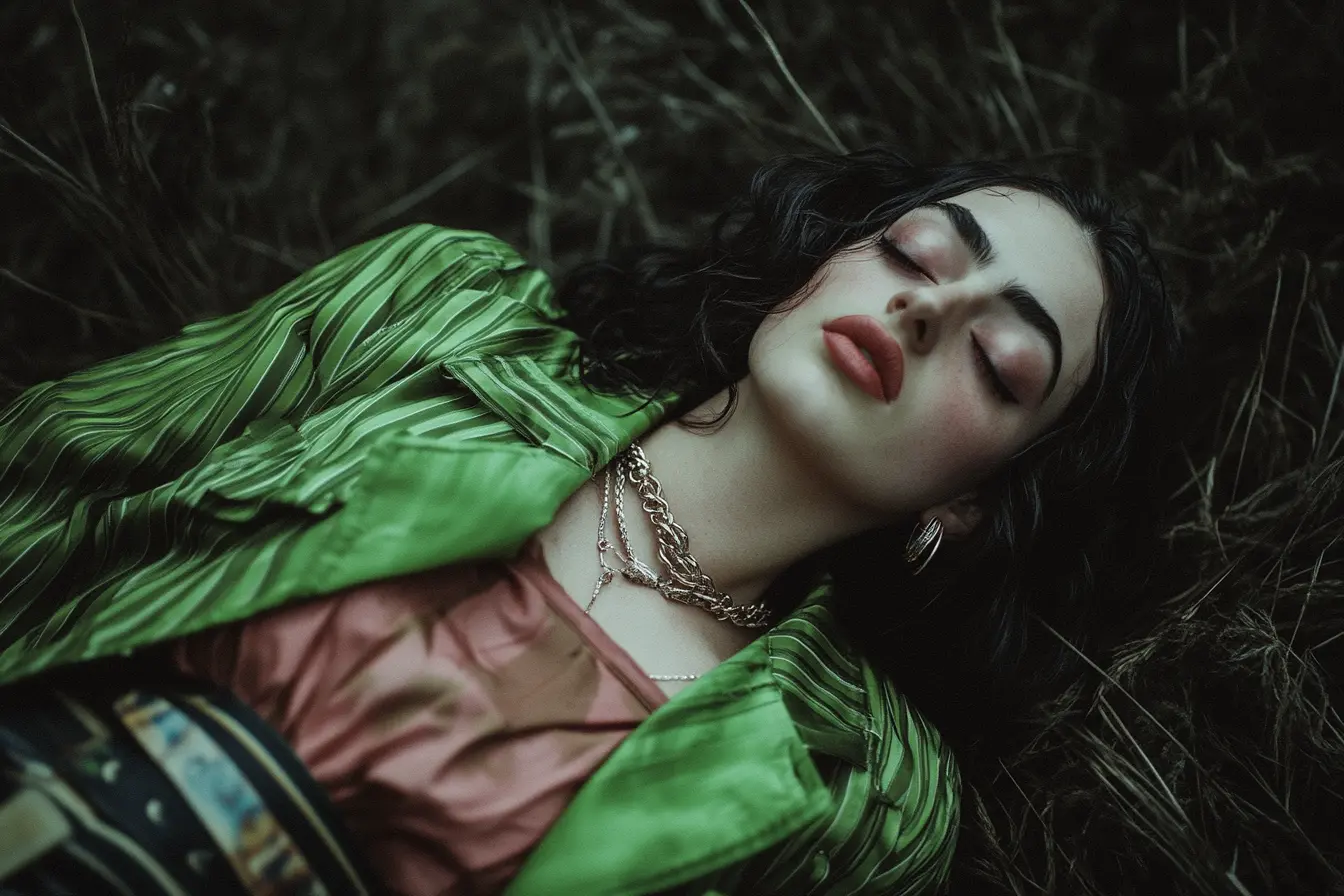 Violet Riot lying exhausted in dark grass