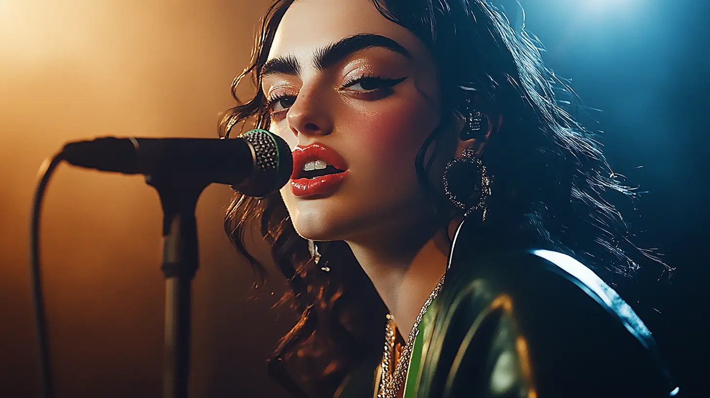 Violet Riot performing closely into a microphone