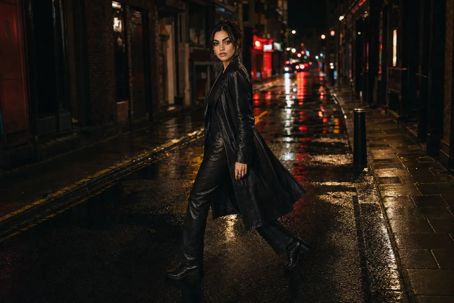 Violet Hart crossing a rain-glossed London street after midnight
